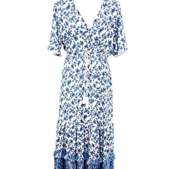 R.Vivimos Summer Floral Print Maxi Short Bell Sleeve Dress Size L - Picture 3 of 15